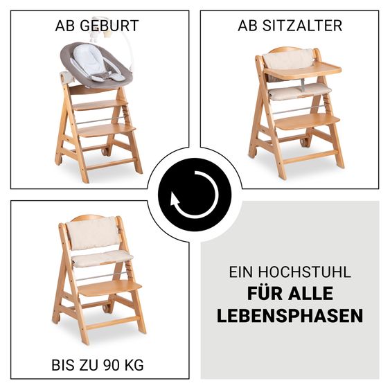 Hauck Beta Plus Natural 9-tlg. Newborn Set - Hochstuhl + 2in1 Neugeborenen-Aufsatz & Wippe Deluxe + Essbrett + Sitzpolster + GRATIS Langarmbody 4er Pack - Sand