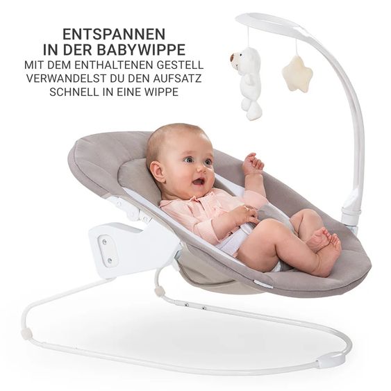 Hauck Beta Plus Natural 9-tlg. Newborn Set - Hochstuhl + 2in1 Neugeborenen-Aufsatz & Wippe Deluxe + Essbrett + Sitzpolster + GRATIS Langarmbody 4er Pack - Sand