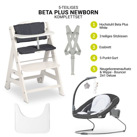 Hauck Beta Plus White 5-tlg. Newborn Set - Hochstuhl + 2in1 Neugeborenen-Aufsatz & Wippe Deluxe, Essbrett, Sitzkissen - Melange Grey