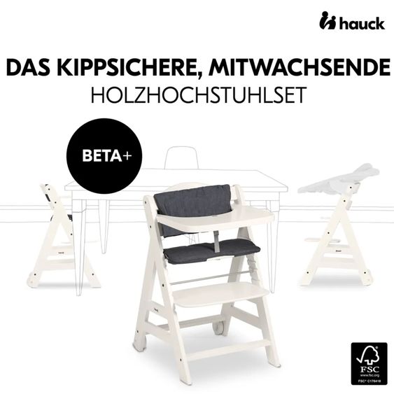 Hauck Beta Plus White 5-tlg. Newborn Set - Hochstuhl + 2in1 Neugeborenen-Aufsatz & Wippe Deluxe, Essbrett, Sitzkissen - Melange Grey