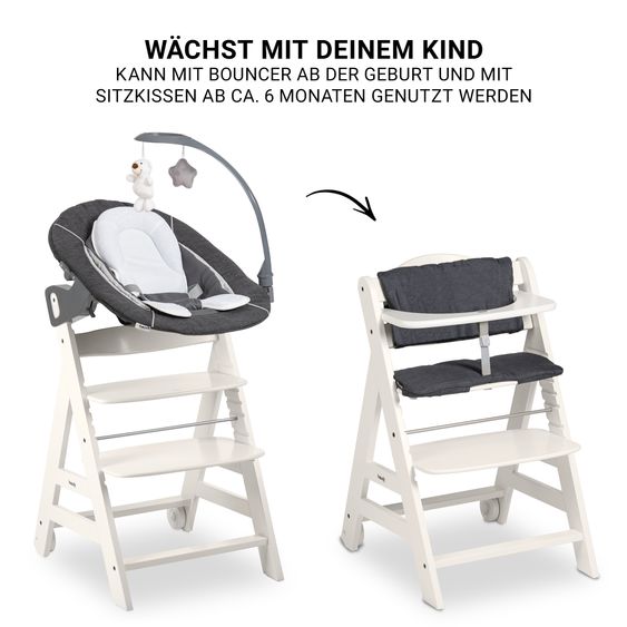 Hauck Beta Plus White 5-tlg. Newborn Set - Hochstuhl + 2in1 Neugeborenen-Aufsatz & Wippe Deluxe, Essbrett, Sitzkissen - Melange Grey