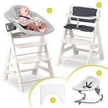 Beta Plus White 5-tlg. Newborn Set - Hochstuhl + 2in1 Neugeborenen-Aufsatz & Wippe Premium + Essbrett + Sitzkissen - Light Grey