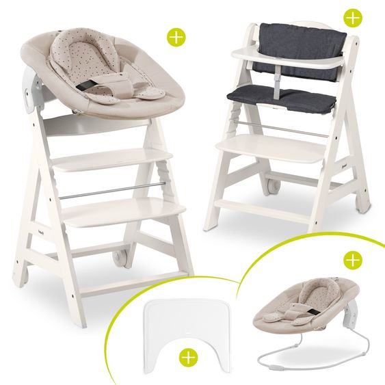 Hauck Beta Plus White 5-tlg. Newborn Set - Hochstuhl + 2in1 Neugeborenen-Aufsatz & Wippe + Essbrett + Sitzkissen - Disney - Winnie the Pooh Beige