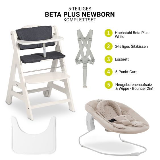 Hauck Beta Plus White 5-tlg. Newborn Set - Hochstuhl + 2in1 Neugeborenen-Aufsatz & Wippe + Essbrett + Sitzkissen - Disney - Winnie the Pooh Beige