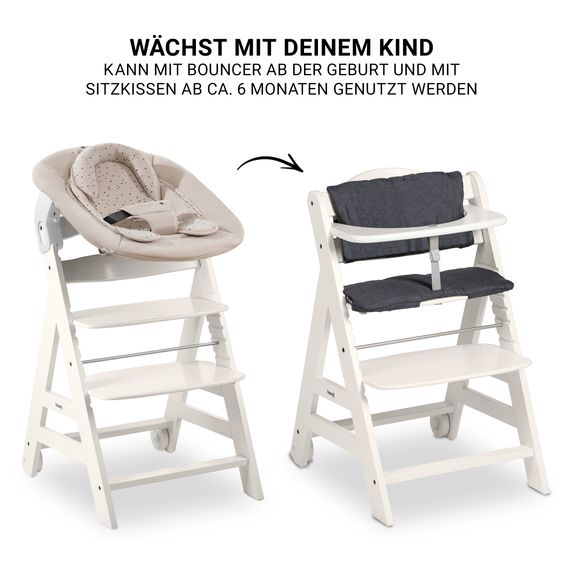 Hauck Beta Plus White 5-tlg. Newborn Set - Hochstuhl + 2in1 Neugeborenen-Aufsatz & Wippe + Essbrett + Sitzkissen - Disney - Winnie the Pooh Beige