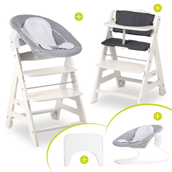 Hauck Beta Plus White 5-tlg. Newborn Set - Hochstuhl + 2in1 Neugeborenen-Aufsatz & Wippe, Essbrett, Sitzkissen - Stretch Grey