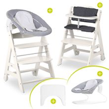 Beta Plus White 5-tlg. Newborn Set - Hochstuhl + 2in1 Neugeborenen-Aufsatz & Wippe, Essbrett, Sitzkissen - Stretch Grey