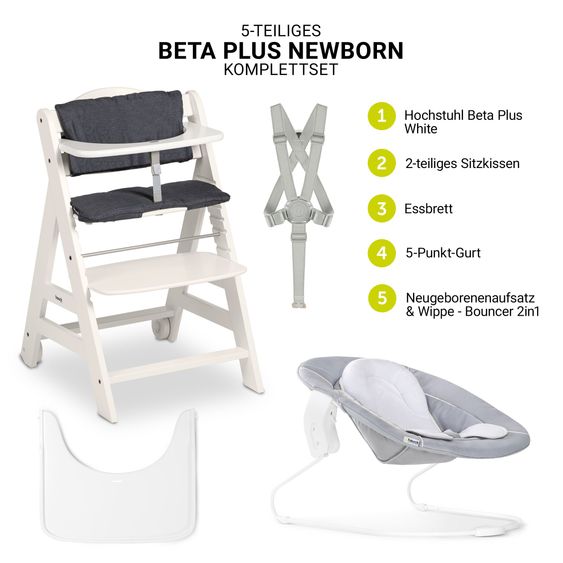 Hauck Beta Plus White 5-piece newborn set - high chair + 2in1 newborn attachment & bouncer, feeding board, seat cushion - Stretch Grey