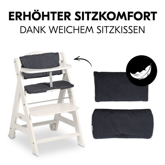 Hauck Beta Plus White 5-tlg. Newborn Set - Hochstuhl + 2in1 Neugeborenen-Aufsatz & Wippe, Essbrett, Sitzkissen - Stretch Grey