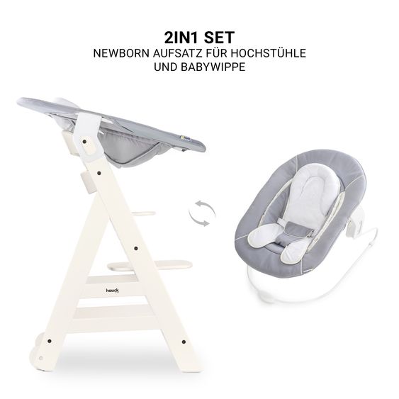 Hauck Beta Plus White 5-tlg. Newborn Set - Hochstuhl + 2in1 Neugeborenen-Aufsatz & Wippe, Essbrett, Sitzkissen - Stretch Grey