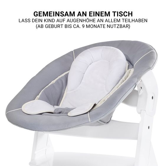 Hauck Beta Plus White 5-tlg. Newborn Set - Hochstuhl + 2in1 Neugeborenen-Aufsatz & Wippe, Essbrett, Sitzkissen - Stretch Grey