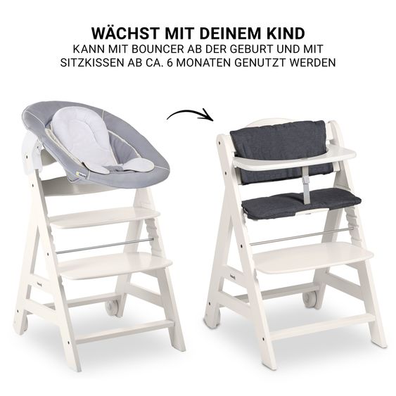 Hauck Beta Plus White 5-piece newborn set - high chair + 2in1 newborn attachment & bouncer, feeding board, seat cushion - Stretch Grey