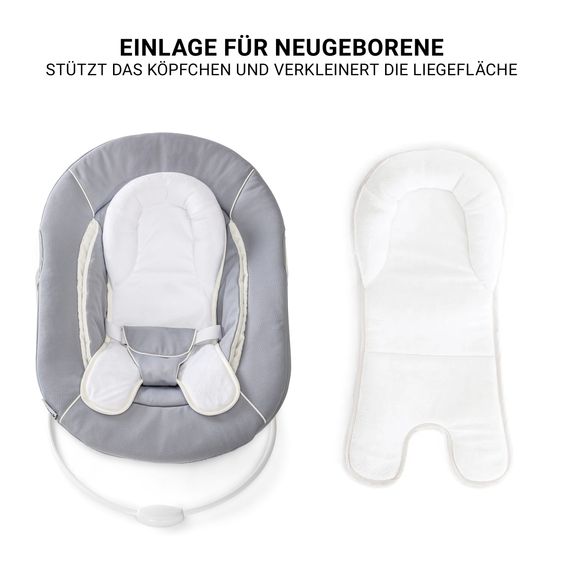 Hauck Beta Plus White 5-tlg. Newborn Set - Hochstuhl + 2in1 Neugeborenen-Aufsatz & Wippe, Essbrett, Sitzkissen - Stretch Grey