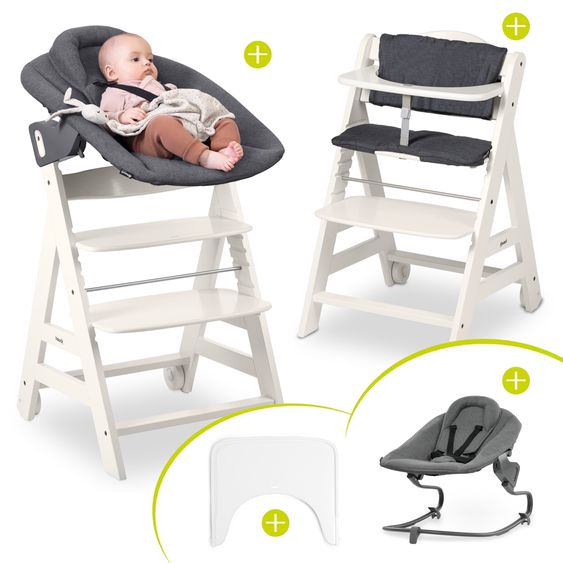 Hauck Beta Plus White 5-tlg. Newborn Set - Hochstuhl + 2in1 Neugeborenen-Aufsatz & Wippe Premium, Essbrett, Sitzkissen - Dark Grey