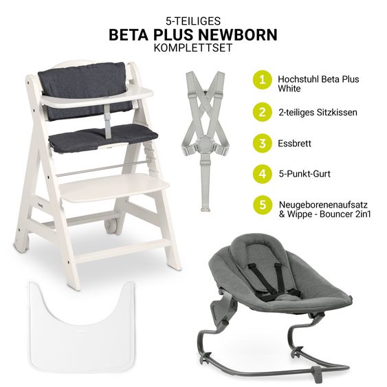 Hauck Beta Plus White 5-tlg. Newborn Set - Hochstuhl + 2in1 Neugeborenen-Aufsatz & Wippe Premium, Essbrett, Sitzkissen - Dark Grey