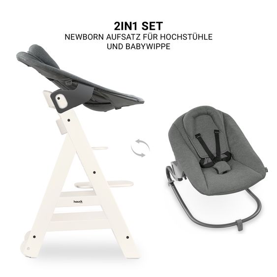 Hauck Beta Plus White 5-tlg. Newborn Set - Hochstuhl + 2in1 Neugeborenen-Aufsatz & Wippe Premium, Essbrett, Sitzkissen - Dark Grey