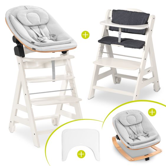 Hauck Beta Plus White 5-tlg. Newbornset Eco - Hochstuhl + 2in1 Babyaufsatz & Wippe, Essbrett, Sitzkissen - Light Grey