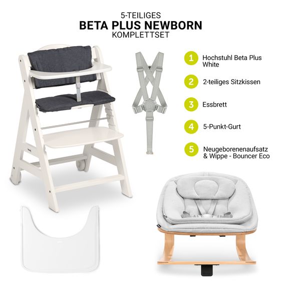 Hauck Beta Plus White 5-tlg. Newbornset Eco - Hochstuhl + 2in1 Babyaufsatz & Wippe, Essbrett, Sitzkissen - Light Grey