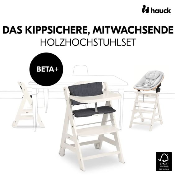 Hauck Beta Plus White 5-tlg. Newbornset Eco - Hochstuhl + 2in1 Babyaufsatz & Wippe, Essbrett, Sitzkissen - Light Grey