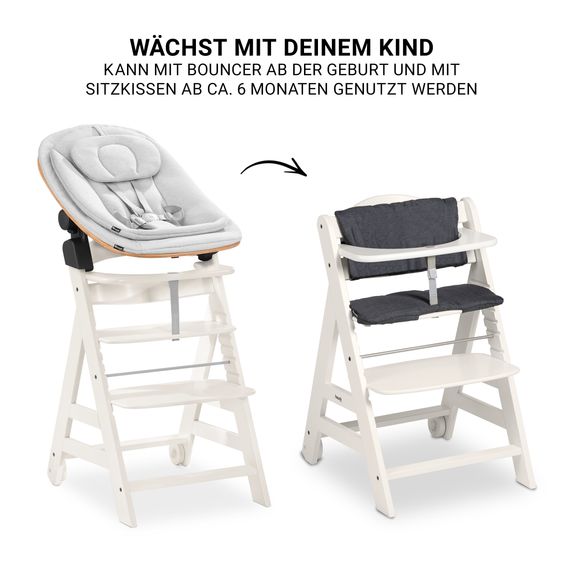 Hauck Beta Plus White 5-tlg. Newbornset Eco - Hochstuhl + 2in1 Babyaufsatz & Wippe, Essbrett, Sitzkissen - Light Grey