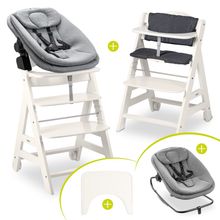 Beta Plus White 5-tlg. Newbornset - Hochstuhl + 2in1 Babyaufsatz & Wippe, Essbrett, Sitzkissen - Dark Grey Melange