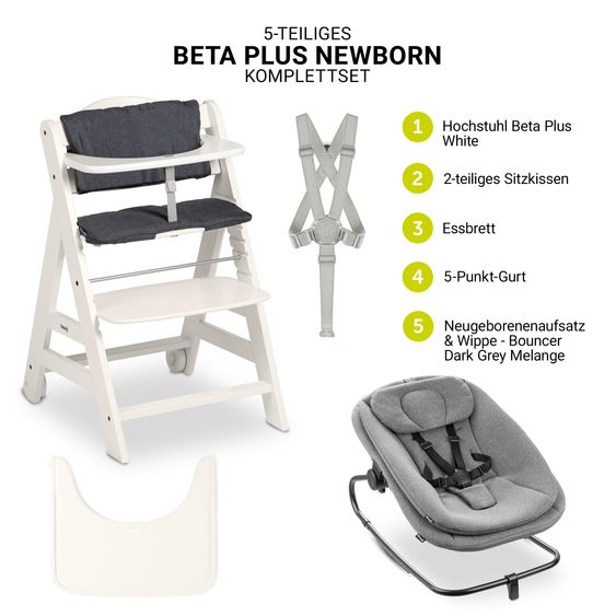 Hauck Set per neonati Beta Plus White 5 pezzi - seggiolone + sdraietta 2in1, tavola da pranzo, cuscino di seduta - Grigio Scuro Melange