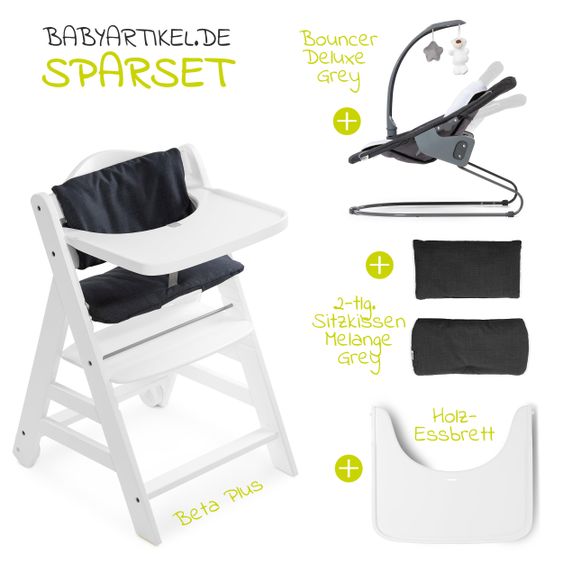 Hauck Beta Plus White Newborn Set - 5-tlg. Hochstuhl + Aufsatz & Wippe Deluxe, Essbrett, Sitzkissen - Melange Grey