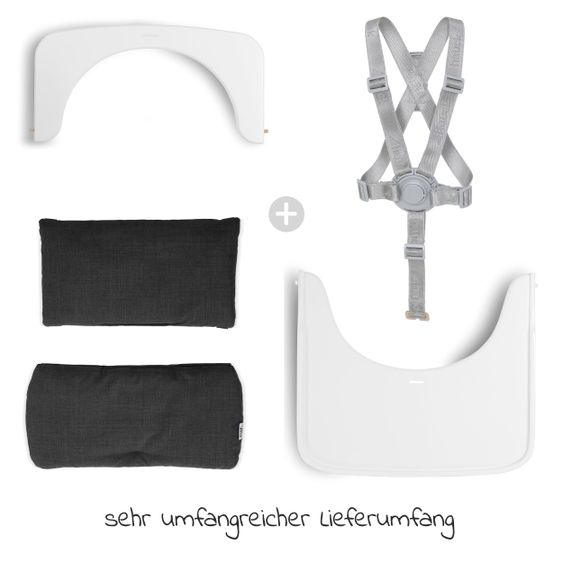Hauck Beta Plus White Newborn Set - 5-tlg. Hochstuhl + Aufsatz & Wippe Deluxe, Essbrett, Sitzkissen - Melange Grey