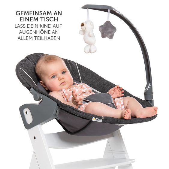 Hauck Beta Plus White Newborn Set - 5-tlg. Hochstuhl + Aufsatz & Wippe Deluxe, Essbrett, Sitzkissen - Melange Grey
