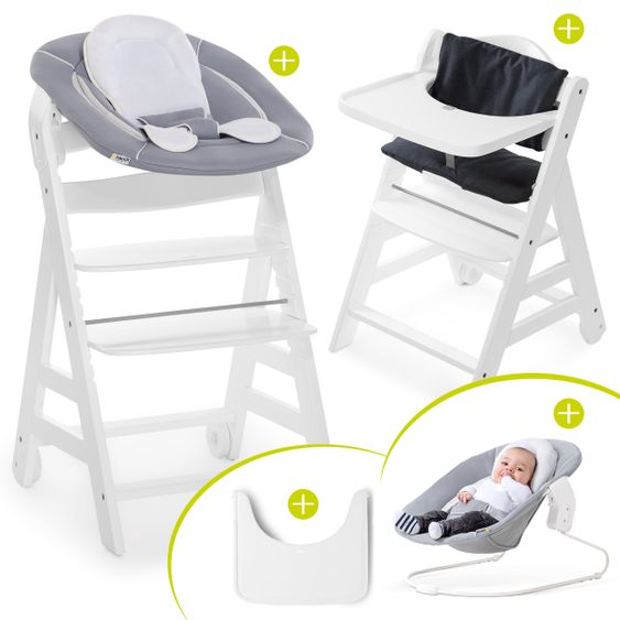 Hauck Beta Plus White Newborn Set - 5-tlg. Hochstuhl + Aufsatz & Wippe, Essbrett, Sitzkissen - Stretch Grey