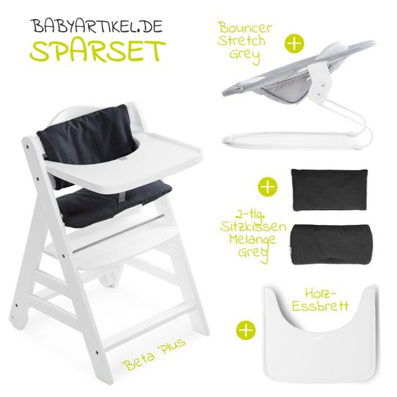 Hauck Beta Plus White Newborn Set - 5-tlg. Hochstuhl + Aufsatz & Wippe, Essbrett, Sitzkissen - Stretch Grey