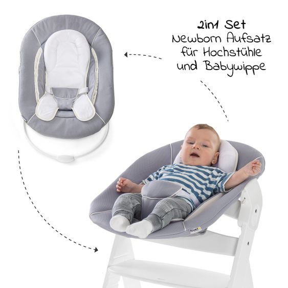 Hauck Beta Plus White Newborn Set - 5-tlg. Hochstuhl + Aufsatz & Wippe, Essbrett, Sitzkissen - Stretch Grey