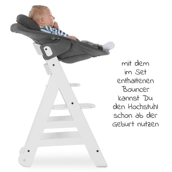 Hauck Beta Plus White Newborn Set - 5-tlg. Hochstuhl + Aufsatz & Wippe Premium, Essbrett, Sitzkissen - Jersey Charcoal