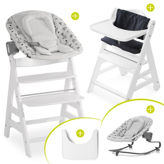 Hauck Beta Plus White Newborn Set - 5-pcs. high chair + attachment & rocker Premium, dining board, seat cushion - Nordic Grey