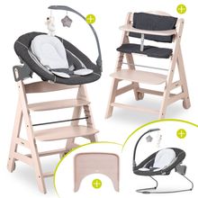 Set per neonati Beta Plus Whitewashed 5 pezzi - Seggiolone + 2in1 Attacco per neonato e dondolo Deluxe, tavola per mangiare, cuscino per la seduta - Grigio Melange