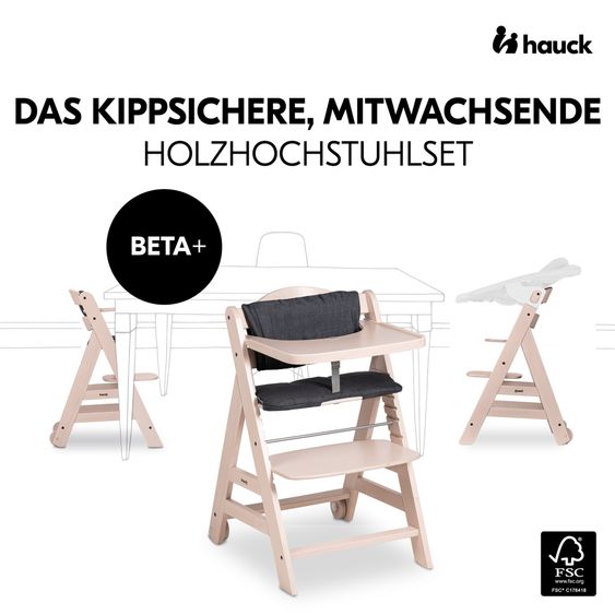 Hauck Beta Plus Whitewashed 5-tlg. Newborn Set - Hochstuhl + 2in1 Neugeborenen-Aufsatz & Wippe Deluxe, Essbrett, Sitzkissen - Melange Grey