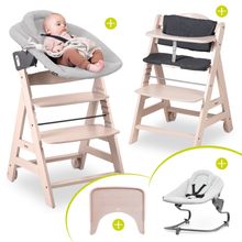 Beta Plus Whitewashed 5-tlg. Newborn Set - Hochstuhl + 2in1 Neugeborenen-Aufsatz & Wippe Premium + Essbrett + Sitzkissen - Light Grey