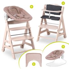 Beta Plus Whitewashed 5-tlg. Newborn Set - Hochstuhl + 2in1 Neugeborenen-Aufsatz & Wippe + Essbrett + Sitzkissen - Disney - Bambi Rose
