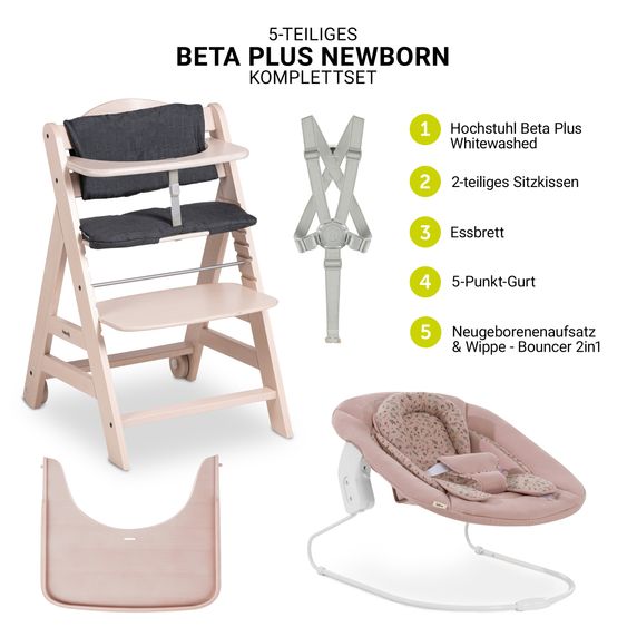 Hauck Beta Plus Whitewashed 5-piece Newborn Set - Highchair + 2in1 newborn attachment & bouncer + feeding board + seat cushion - Disney - Bambi Rose