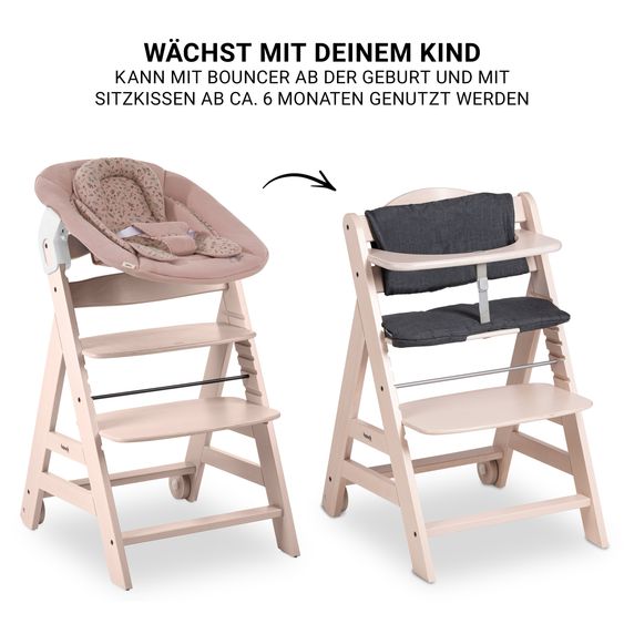 Hauck Beta Plus Whitewashed 5-tlg. Newborn Set - Hochstuhl + 2in1 Neugeborenen-Aufsatz & Wippe + Essbrett + Sitzkissen - Disney - Bambi Rose