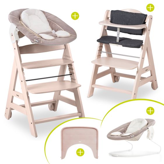 Hauck Beta Plus Whitewashed 5-tlg. Newborn Set - Hochstuhl + 2in1 Neugeborenen-Aufsatz & Wippe, Essbrett, Sitzkissen - Stretch Beige