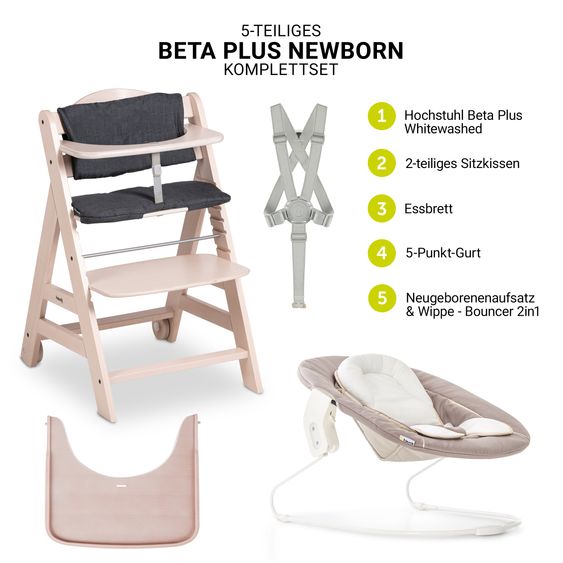 Hauck Beta Plus Whitewashed 5-tlg. Newborn Set - Hochstuhl + 2in1 Neugeborenen-Aufsatz & Wippe, Essbrett, Sitzkissen - Stretch Beige