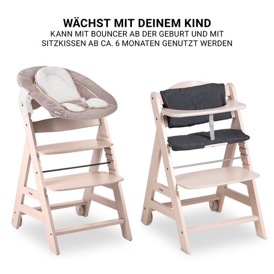 Hauck Beta Plus Whitewashed 5-tlg. Newborn Set - Hochstuhl + 2in1 Neugeborenen-Aufsatz & Wippe, Essbrett, Sitzkissen - Stretch Beige