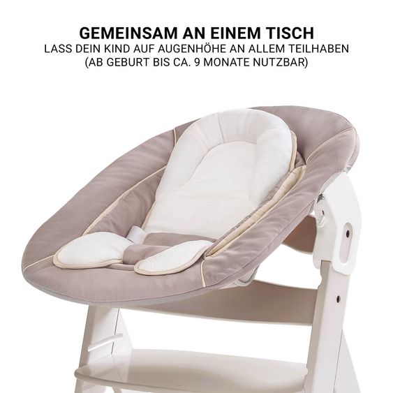 Hauck Beta Plus Whitewashed 5-tlg. Newborn Set - Hochstuhl + 2in1 Neugeborenen-Aufsatz & Wippe, Essbrett, Sitzkissen - Stretch Beige