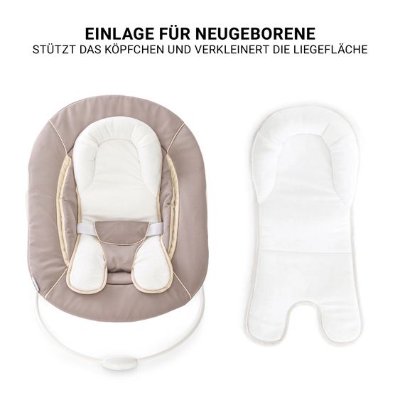 Hauck Beta Plus Whitewashed 5-tlg. Newborn Set - Hochstuhl + 2in1 Neugeborenen-Aufsatz & Wippe, Essbrett, Sitzkissen - Stretch Beige