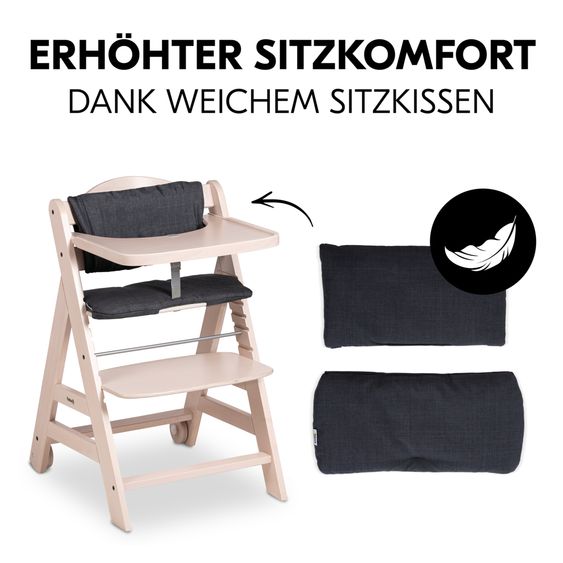 Hauck Beta Plus Whitewashed 5-tlg. Newborn Set - Hochstuhl + 2in1 Neugeborenen-Aufsatz & Wippe Premium, Essbrett, Sitzkissen - Dark Grey