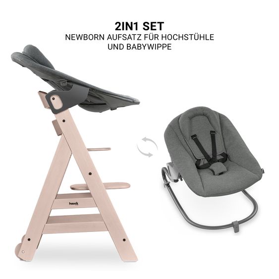 Hauck Beta Plus Whitewashed 5-tlg. Newborn Set - Hochstuhl + 2in1 Neugeborenen-Aufsatz & Wippe Premium, Essbrett, Sitzkissen - Dark Grey