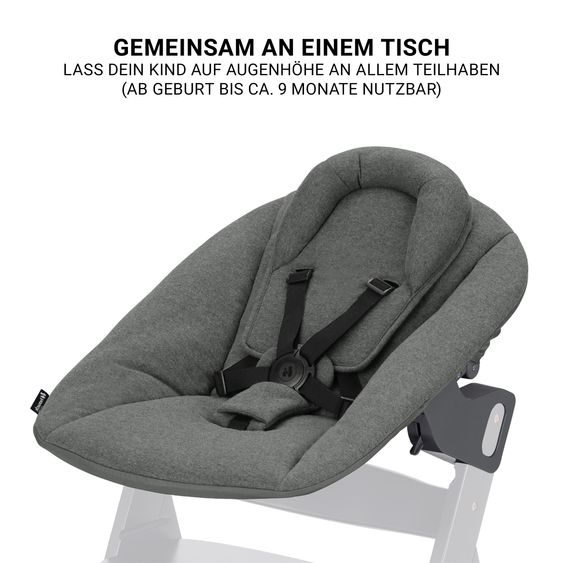 Hauck Beta Plus Whitewashed 5-tlg. Newborn Set - Hochstuhl + 2in1 Neugeborenen-Aufsatz & Wippe Premium, Essbrett, Sitzkissen - Dark Grey