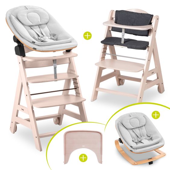 Hauck Beta Plus Whitewashed 5-tlg. Newbornset Eco - Hochstuhl + 2in1 Babyaufsatz & Wippe, Essbrett, Sitzkissen - Light Grey