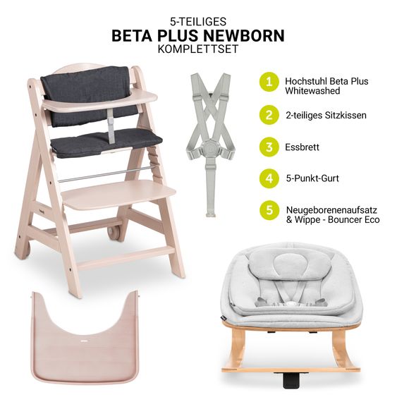 Hauck Beta Plus Whitewashed 5-tlg. Newbornset Eco - Hochstuhl + 2in1 Babyaufsatz & Wippe, Essbrett, Sitzkissen - Light Grey